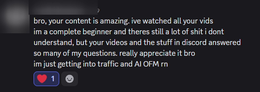An anonymized beginner saying Ospa's videos and Discord answers helped with traffic and AI OFM questions