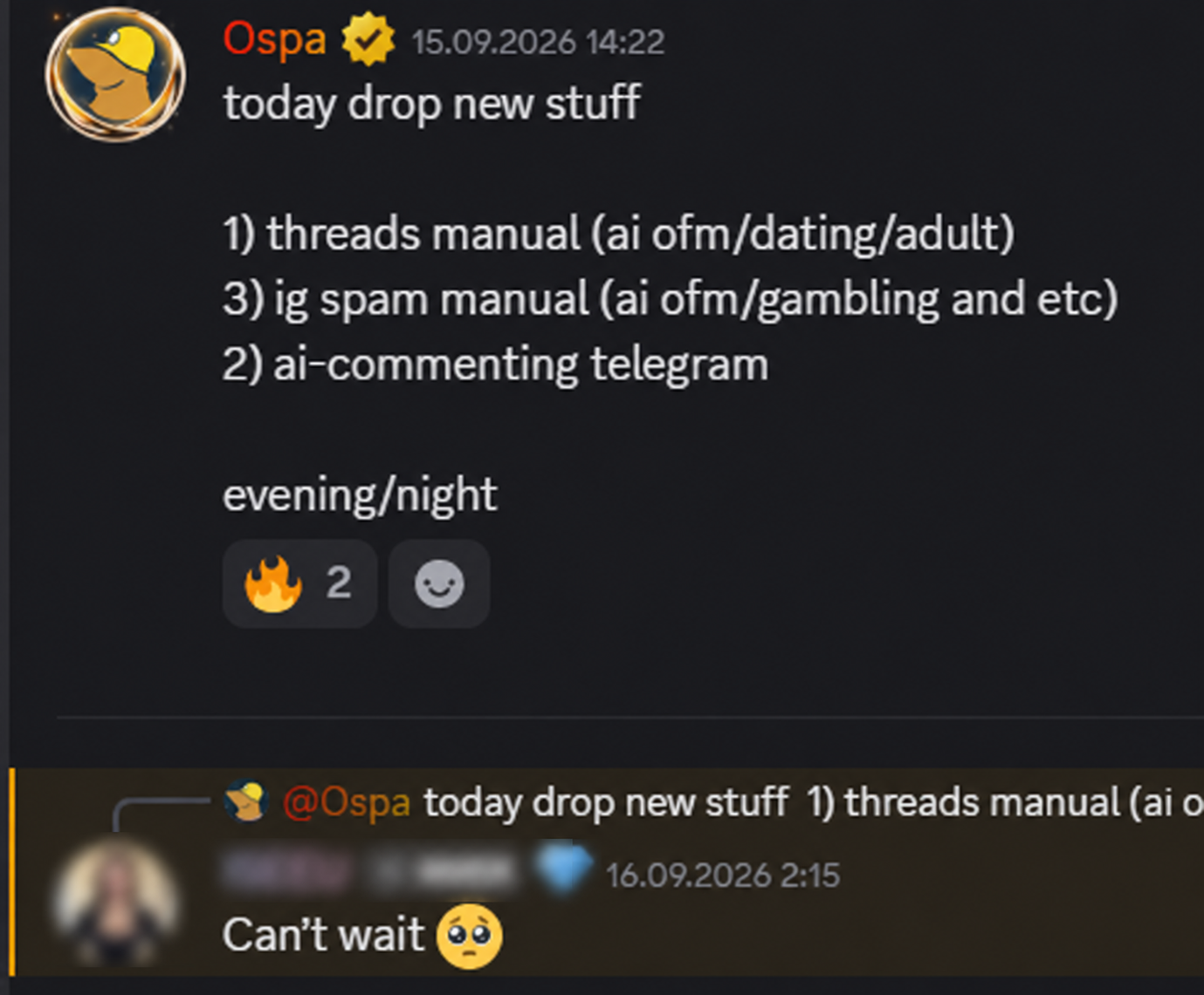 A Traffic Lab content drop followed by an anonymized member saying they cannot wait