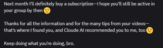 Anonymized viewer saying they found Ospa through videos and a Claude AI recommendation and plan to subscribe