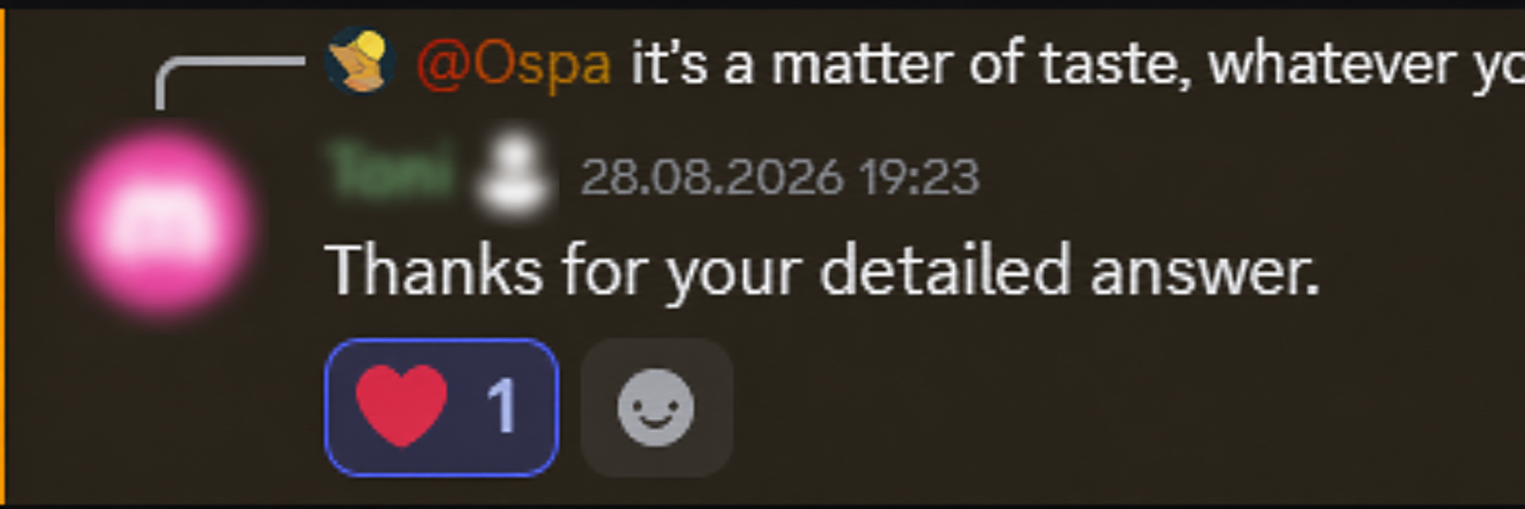 An anonymized member thanking Ospa for a detailed answer