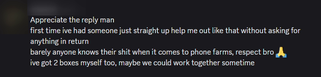 An anonymized member thanking Ospa for a direct answer about phone farms